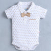 White & Beige Boys Half Sleeves Bodysuit & Short Set With Applique Bow Suspender & Cap