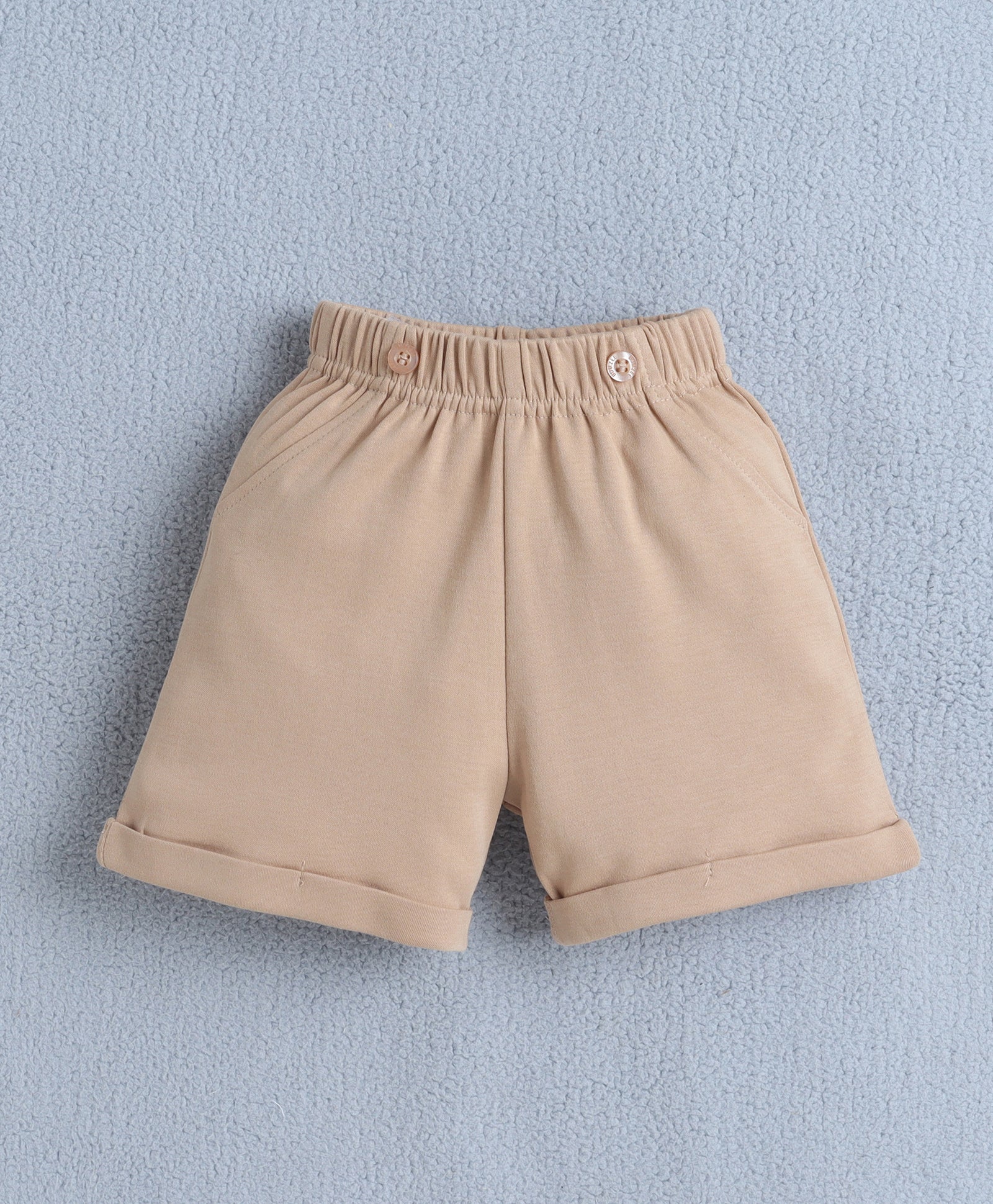 White & Beige Boys Half Sleeves Bodysuit & Short Set With Applique Bow Suspender & Cap