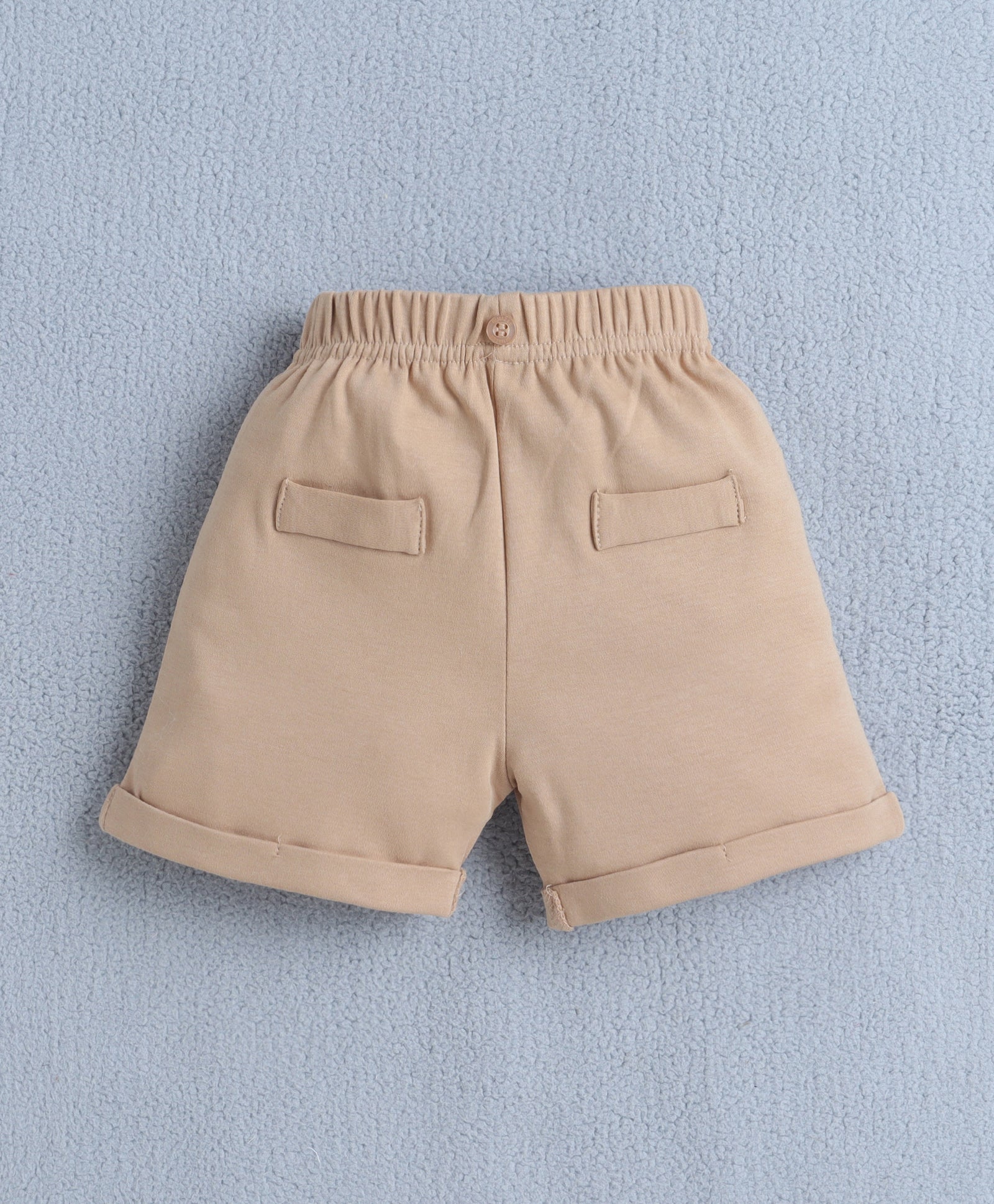 White & Beige Boys Half Sleeves Bodysuit & Short Set With Applique Bow Suspender & Cap