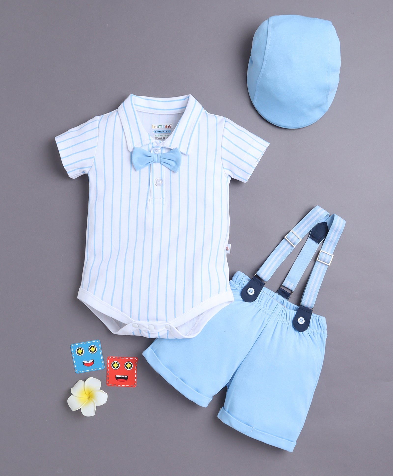 White & Sky Blue Boys Half Sleeves Bodysuit & Short Set With Applique Bow Suspender & Cap