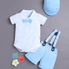 White & Sky Blue Boys Half Sleeves Bodysuit & Short Set With Applique Bow Suspender & Cap