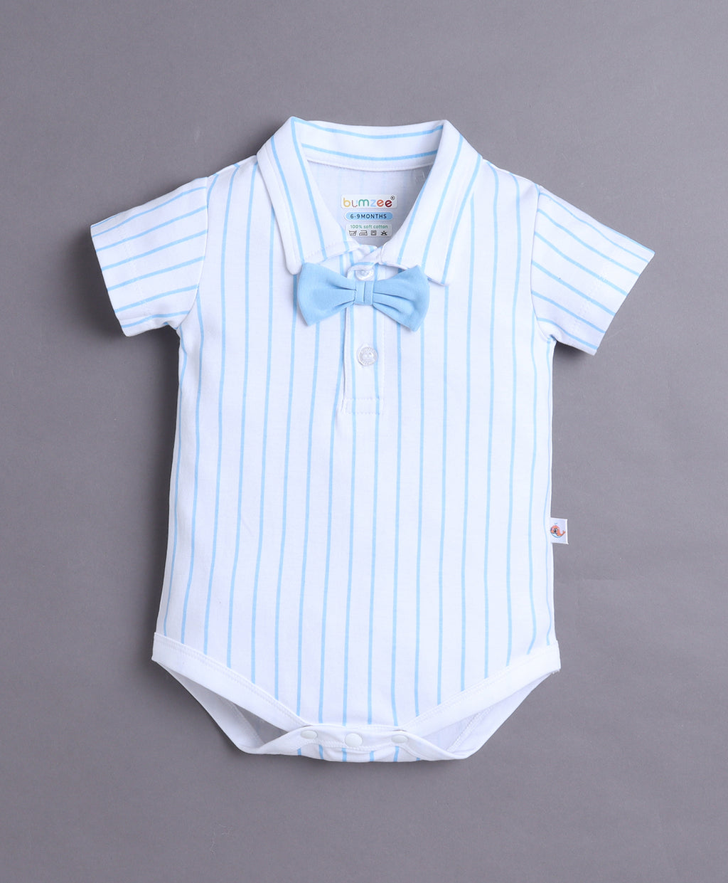 Bumzee White & Sky Blue Striped Bodysuit & Short Set, Half Sleeves, 100% Cotton