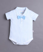Bumzee White & Sky Blue Striped Bodysuit & Short Set, Half Sleeves, 100% Cotton