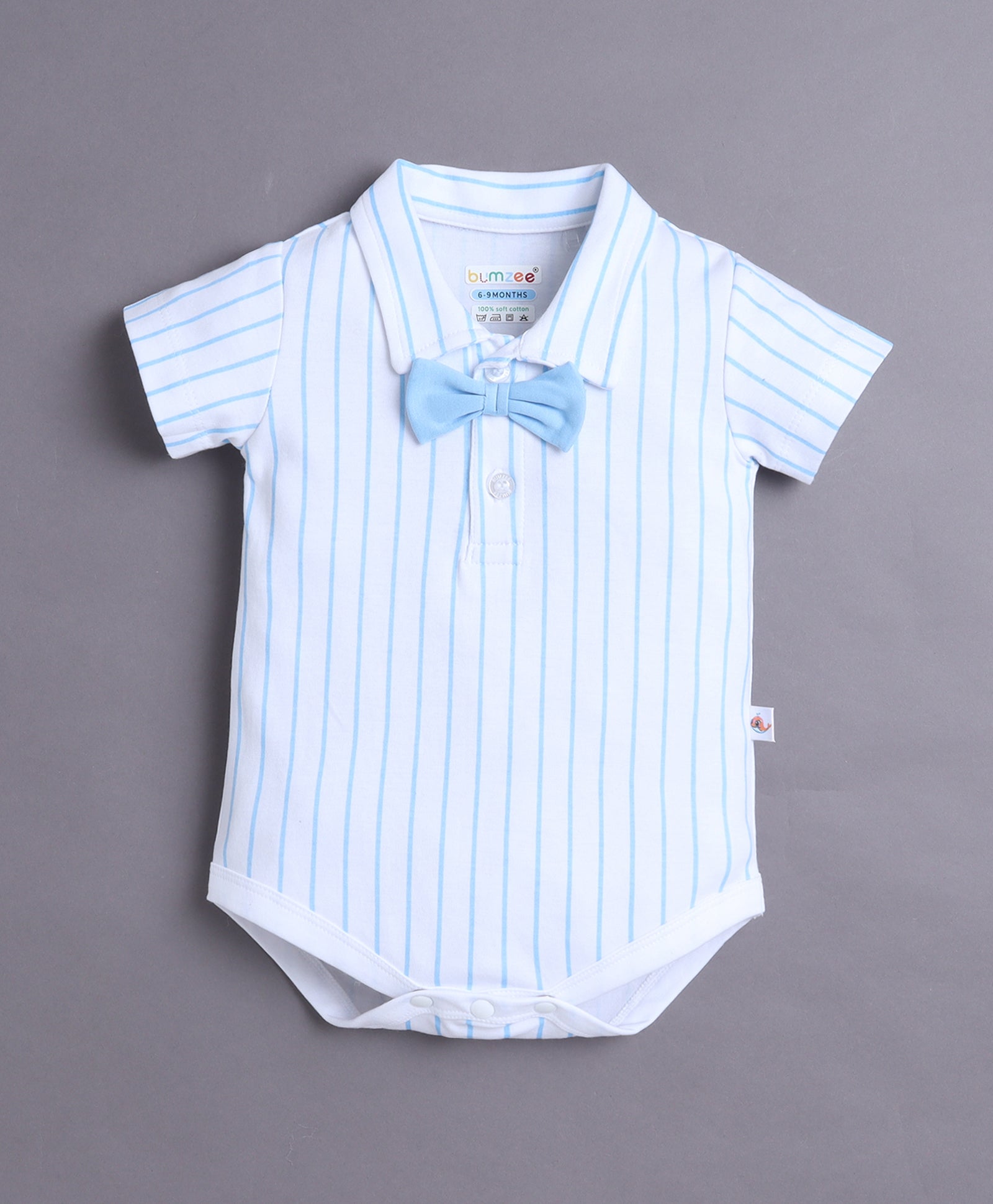White & Sky Blue Boys Half Sleeves Bodysuit & Short Set With Applique Bow Suspender & Cap