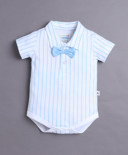 Bumzee White & Sky Blue Striped Bodysuit & Short Set, Half Sleeves, 100% Cotton