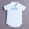 White & Sky Blue Boys Half Sleeves Bodysuit & Short Set With Applique Bow Suspender & Cap