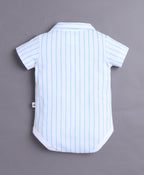 Bumzee White & Sky Blue Striped Bodysuit & Short Set, Half Sleeves, 100% Cotton