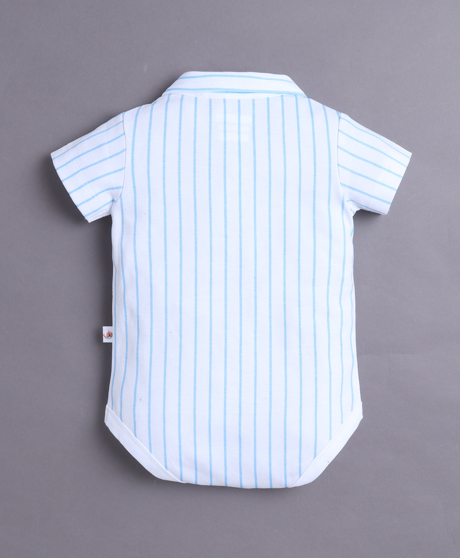 White & Sky Blue Boys Half Sleeves Bodysuit & Short Set With Applique Bow Suspender & Cap