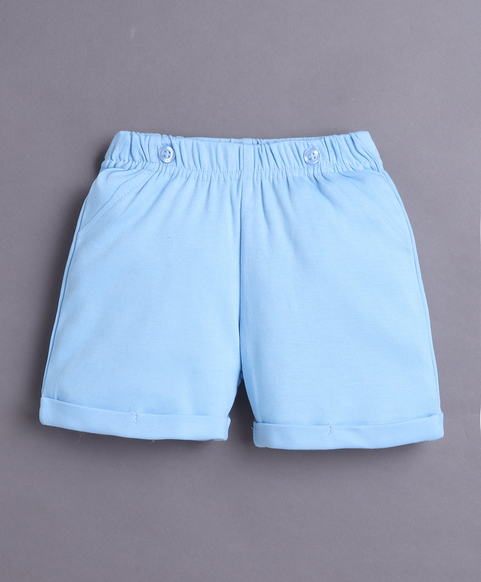 White & Sky Blue Boys Half Sleeves Bodysuit & Short Set With Applique Bow Suspender & Cap