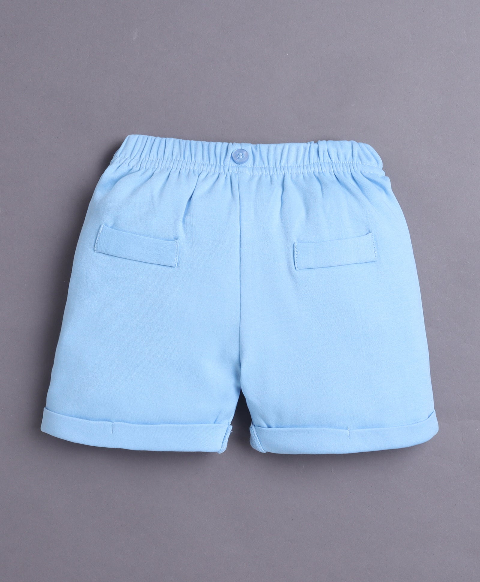 White & Sky Blue Boys Half Sleeves Bodysuit & Short Set With Applique Bow Suspender & Cap
