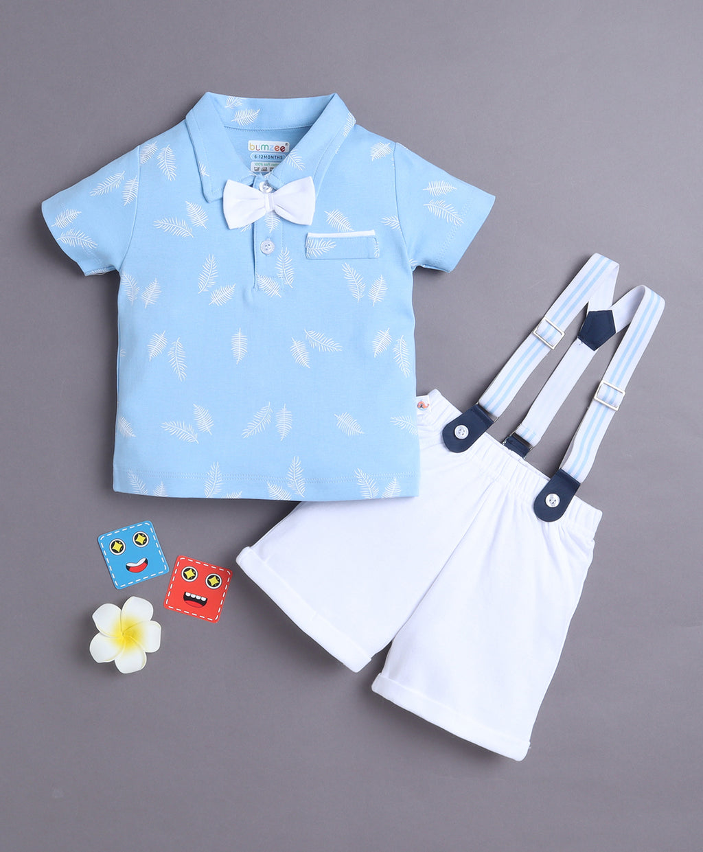 Bumzee Sky Blue & White Graphic Print Formal Set, Half Sleeves, 100% Cotton
