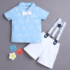 BUMZEE Sky Blue & White Boys Half Sleeves T-shirt & Short Set With Applique Bow Suspender