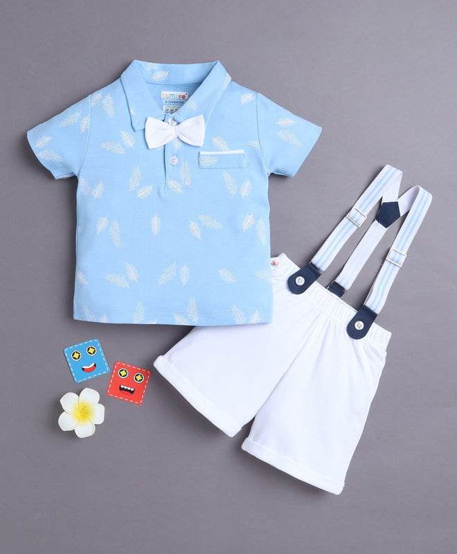 BUMZEE Sky Blue & White Boys Half Sleeves T-shirt & Short Set With Applique Bow Suspender