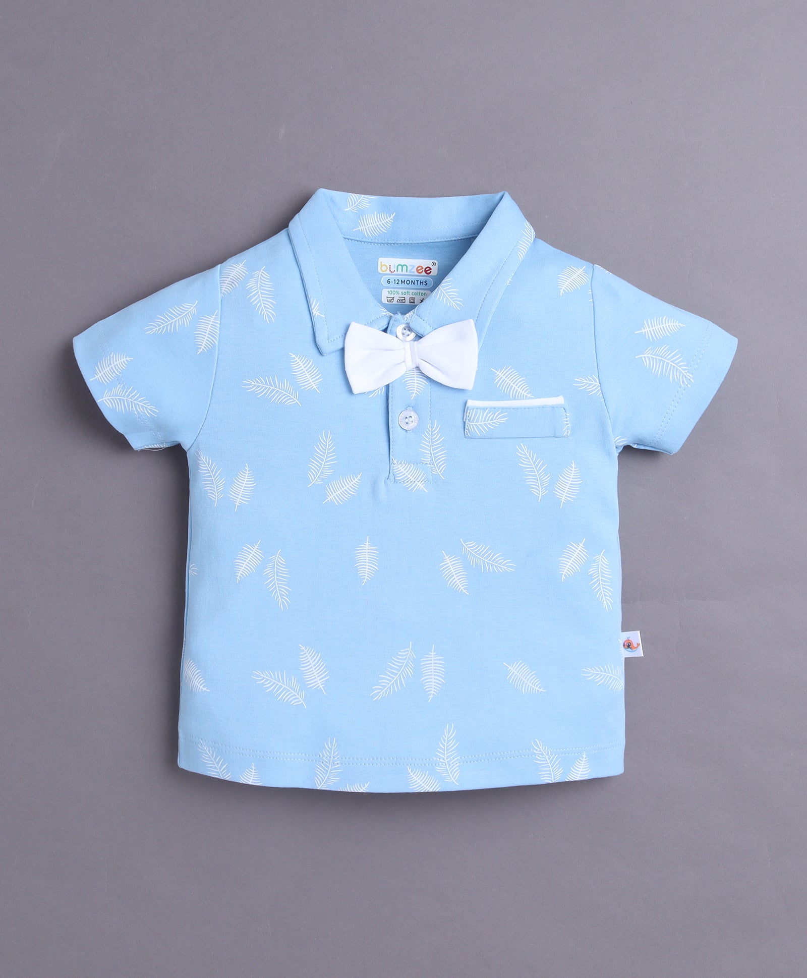 BUMZEE Sky Blue & White Boys Half Sleeves T-shirt & Short Set With Applique Bow Suspender