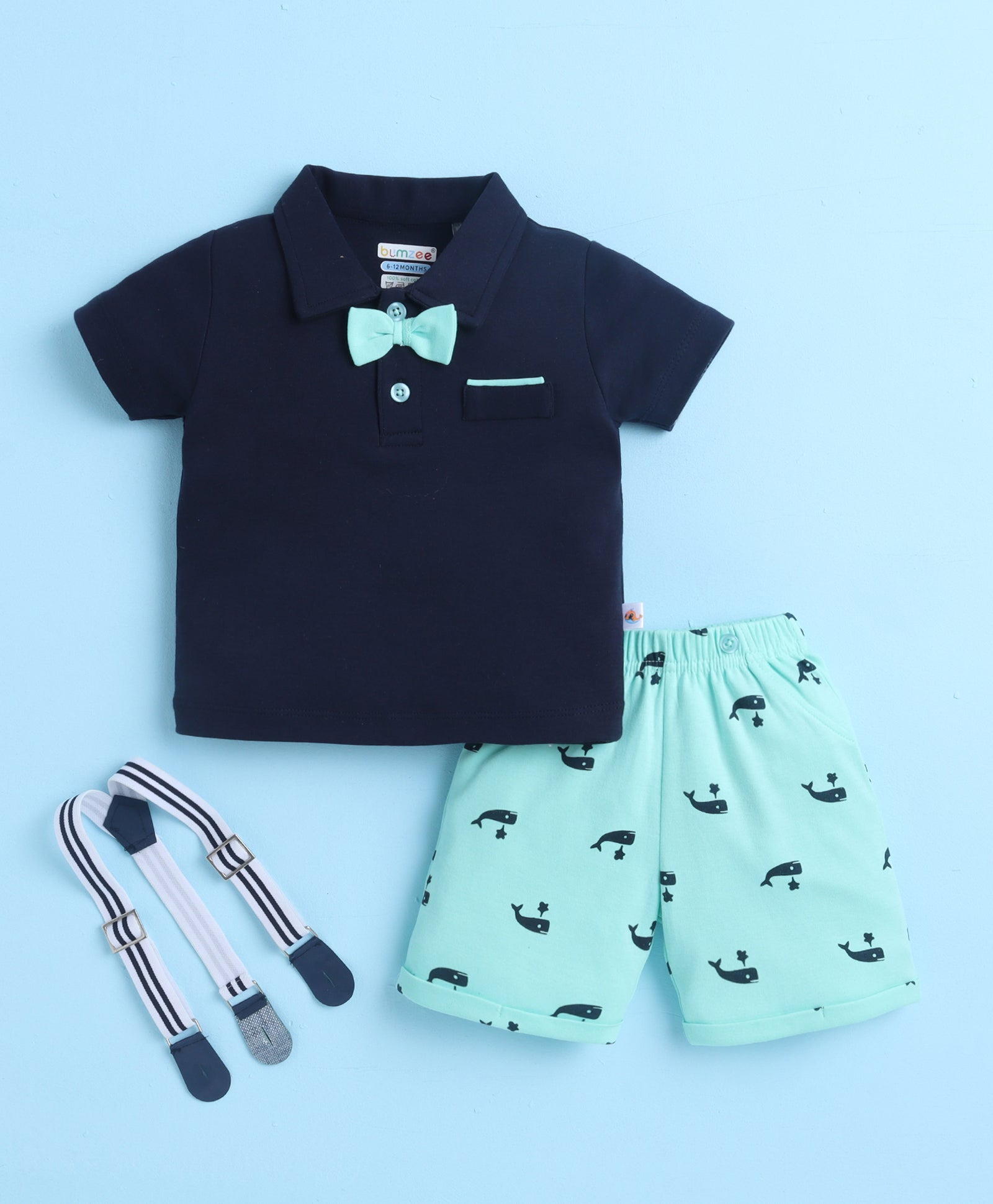 BUMZEE Navy & Mint Boys Half Sleeves T-shirt & Short Set With Bow Suspender