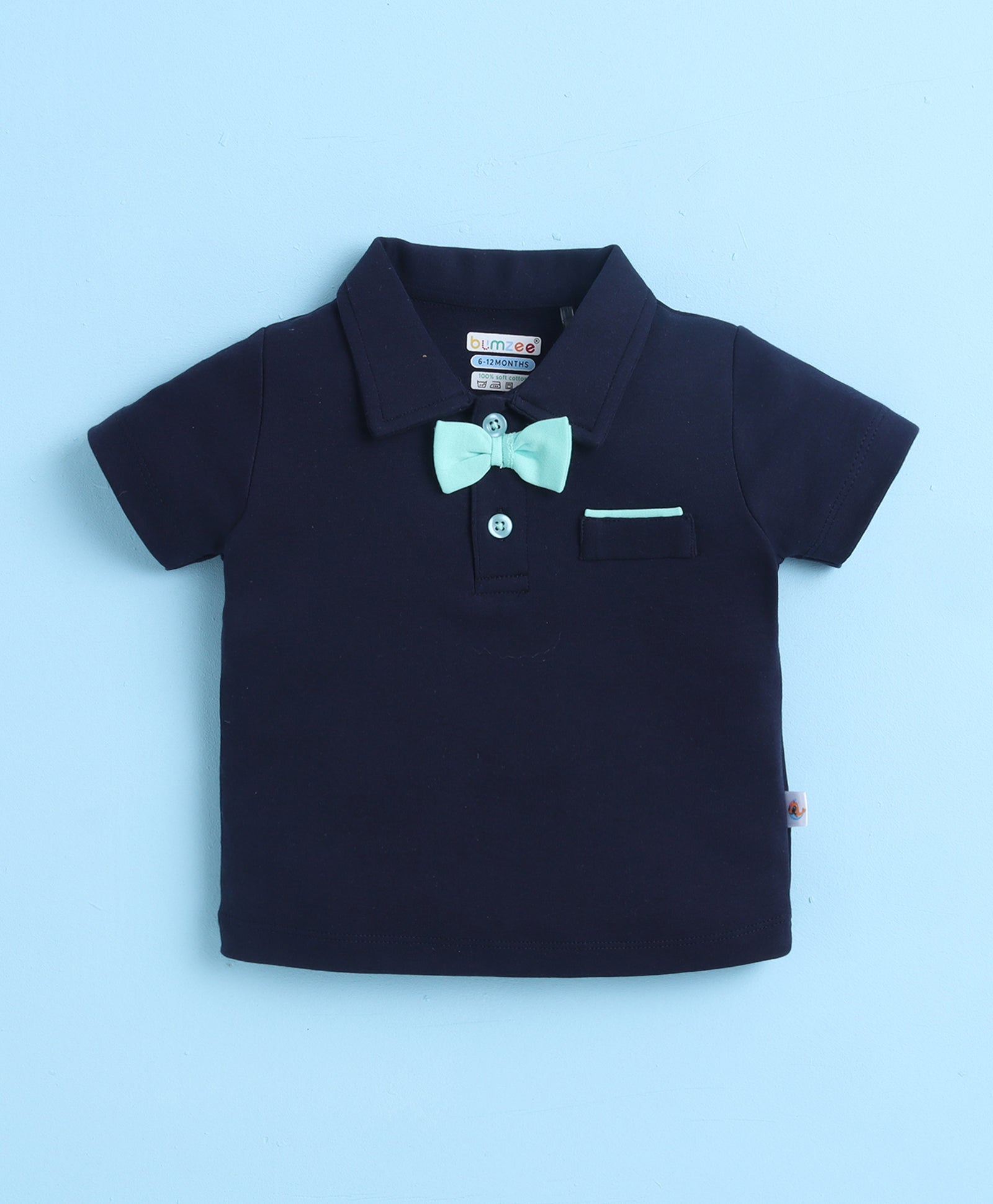 BUMZEE Navy & Mint Boys Half Sleeves T-shirt & Short Set With Bow Suspender