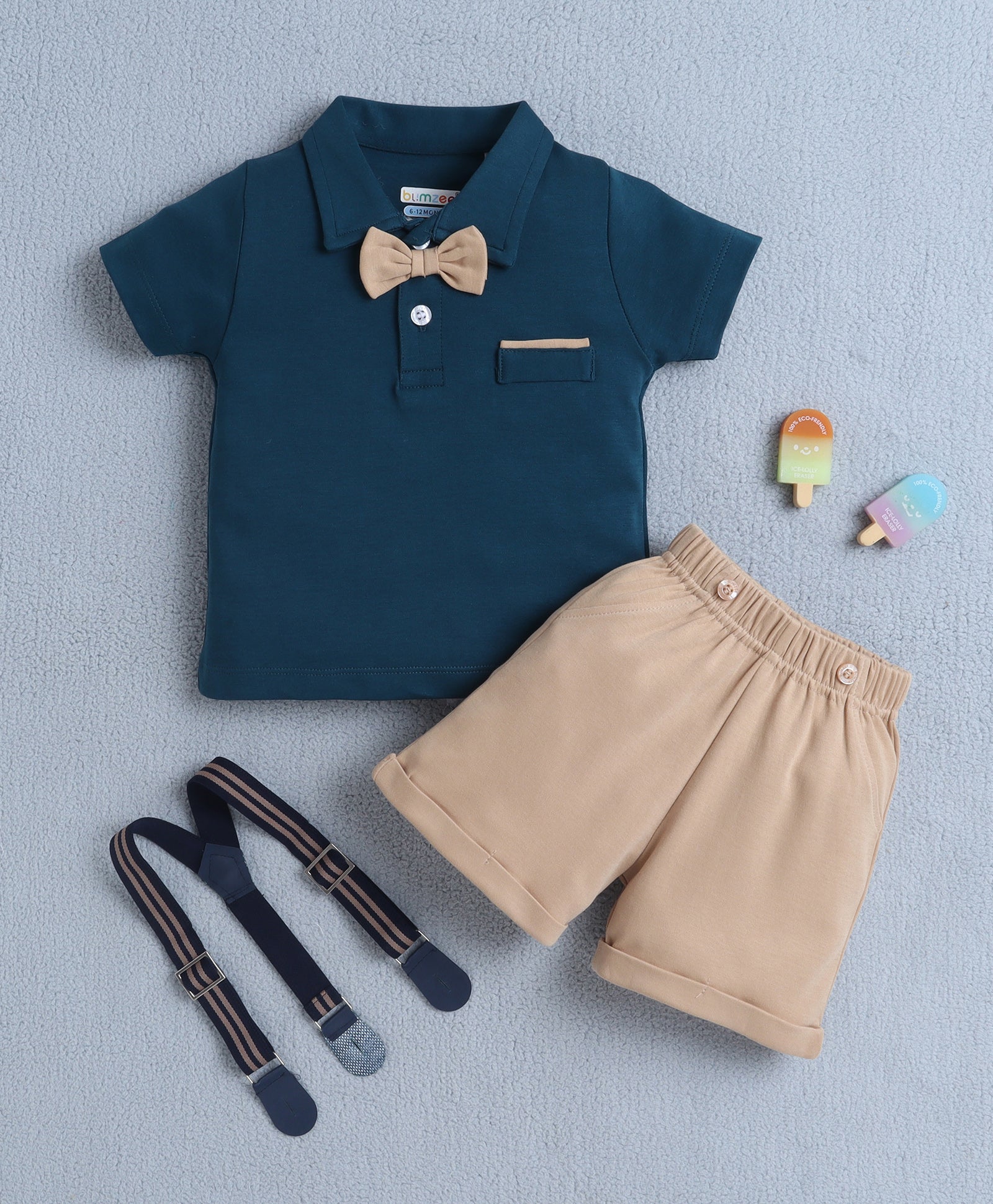 BUMZEE Teal & Beige Boys Half Sleeves T-shirt & Short Set With Applique Bow Suspender