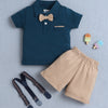 BUMZEE Teal & Beige Boys Half Sleeves T-shirt & Short Set With Applique Bow Suspender