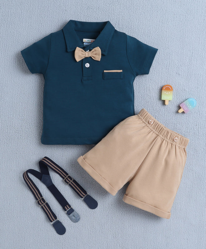 BUMZEE Teal & Beige Boys Half Sleeves T-shirt & Short Set With Applique Bow Suspender