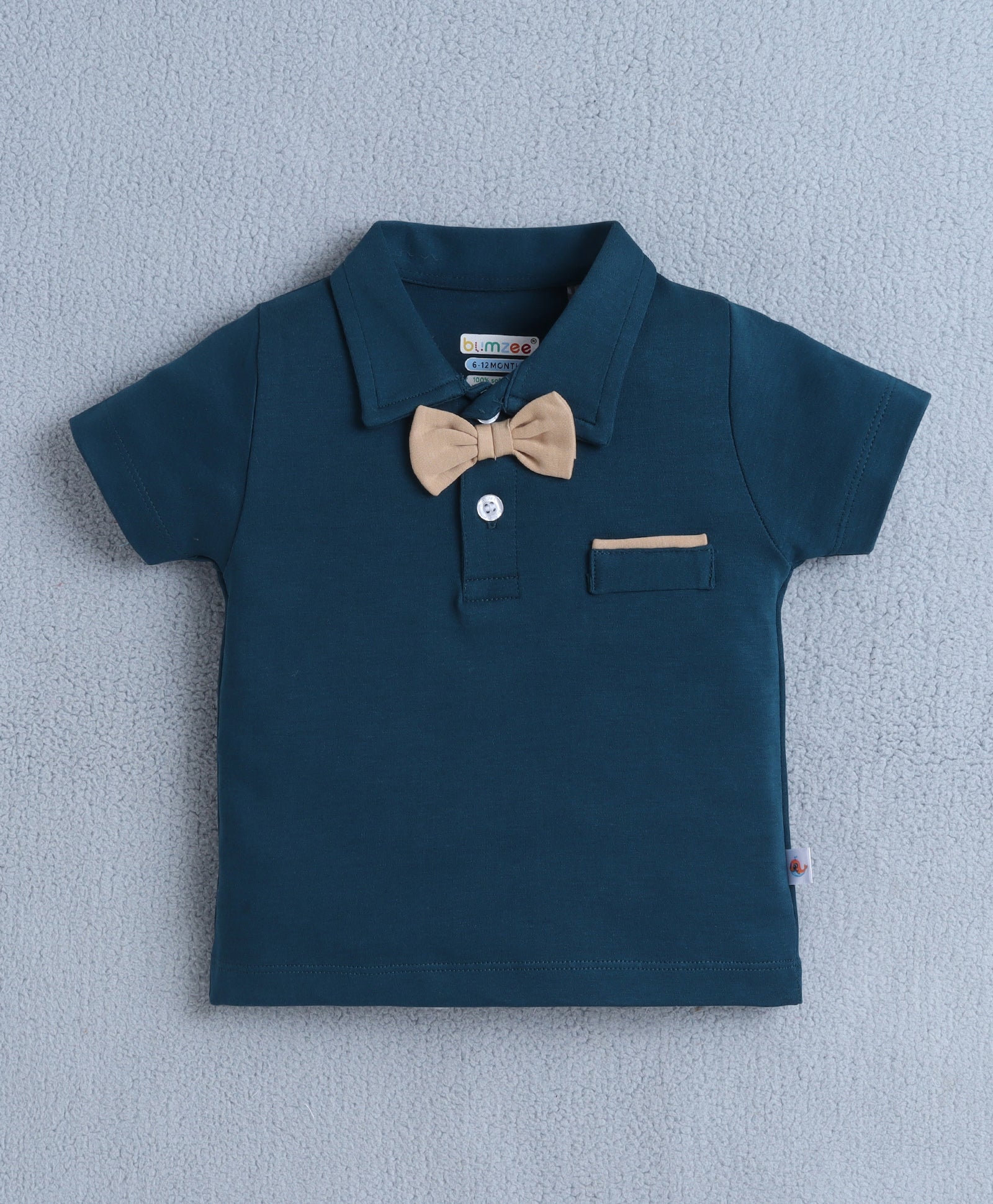 BUMZEE Teal & Beige Boys Half Sleeves T-shirt & Short Set With Applique Bow Suspender