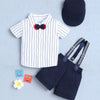 BUMZEE White & Navy Boys Half Sleeves Shirt & Short Set With Applique Bow Suspender & Cap