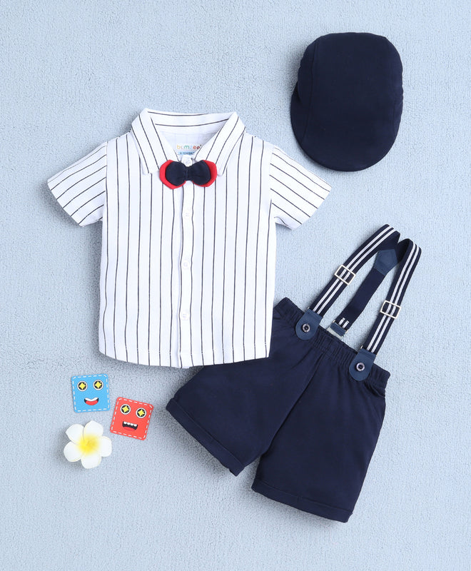 BUMZEE White & Navy Boys Half Sleeves Shirt & Short Set With Applique Bow Suspender & Cap