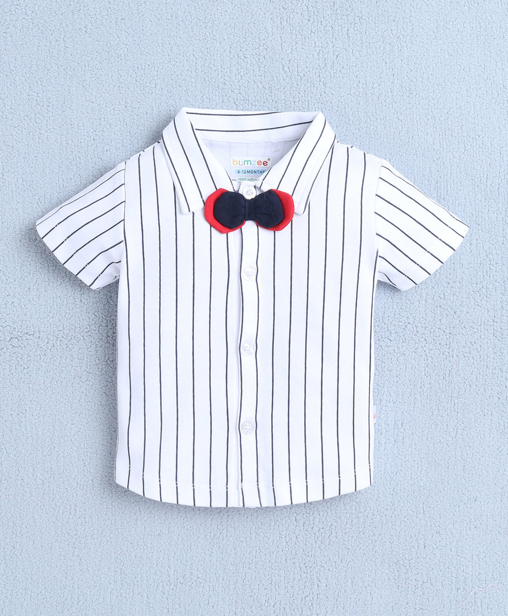 Bumzee White & Navy Striped Formal Set, Half Sleeves, 100% Cotton