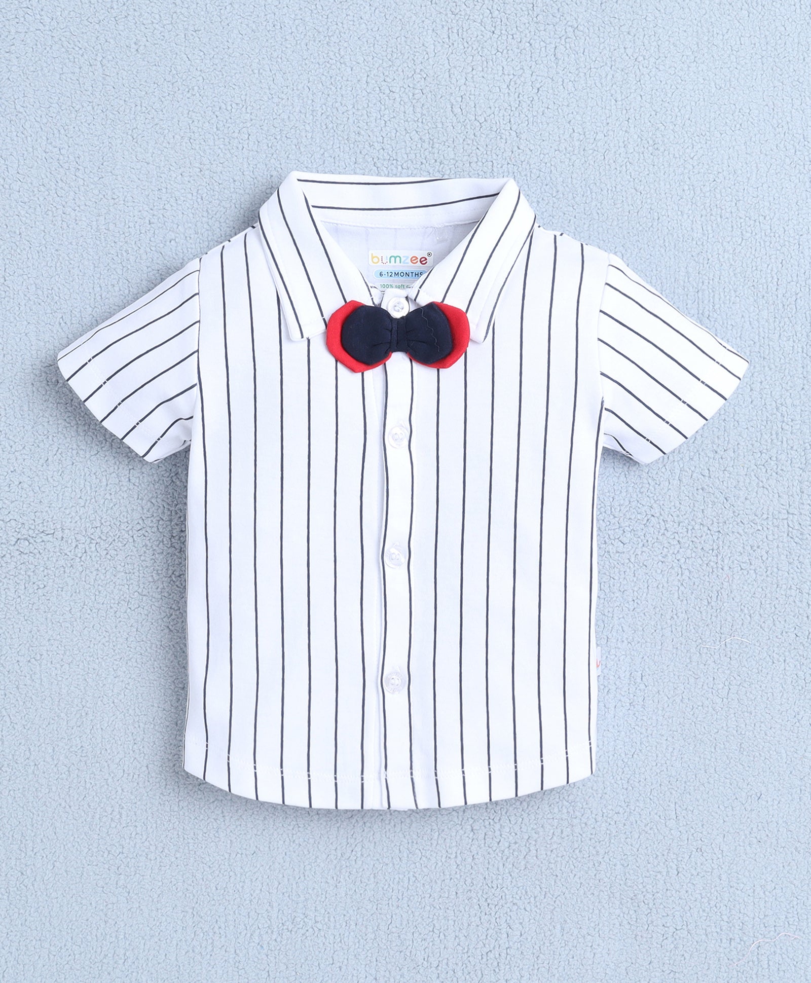 BUMZEE White & Navy Boys Half Sleeves Shirt & Short Set With Applique Bow Suspender & Cap