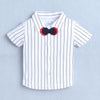 BUMZEE White & Navy Boys Half Sleeves Shirt & Short Set With Applique Bow Suspender & Cap