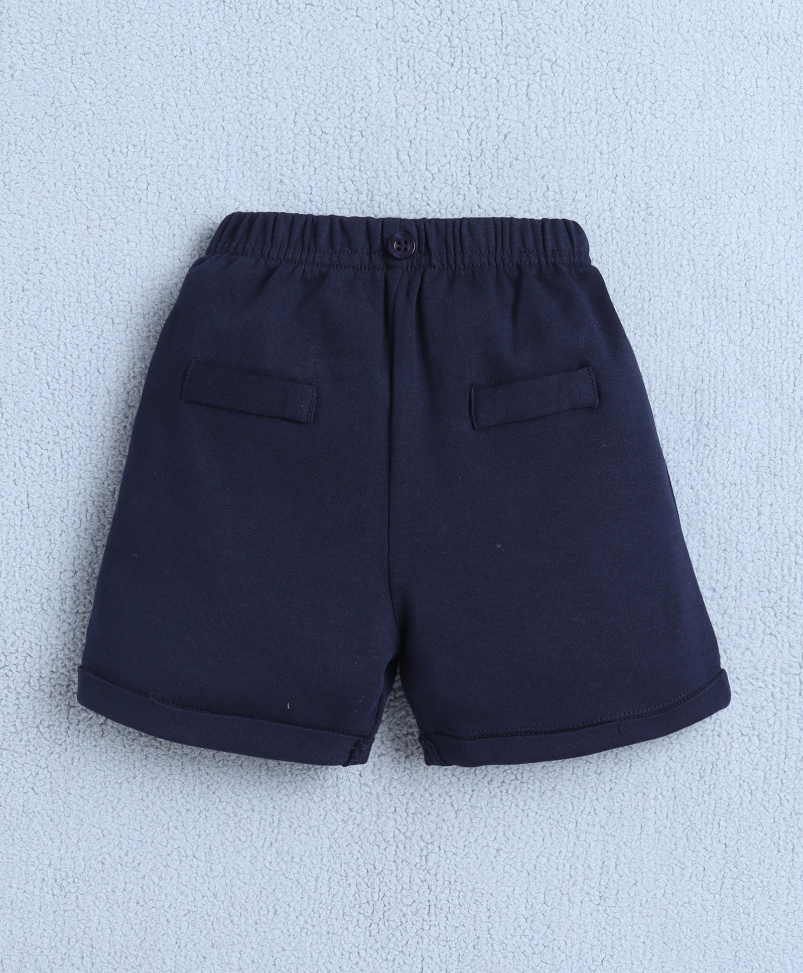 BUMZEE White & Navy Boys Half Sleeves Shirt & Short Set With Applique Bow Suspender & Cap