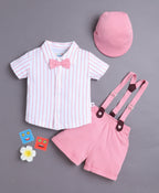 Bumzee White & Pink Striped Formal Set, Half Sleeves, 100% Cotton