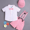 BUMZEE White & Pink Boys Half Sleeves Shirt & Short Set With Applique Bow Suspender & Cap