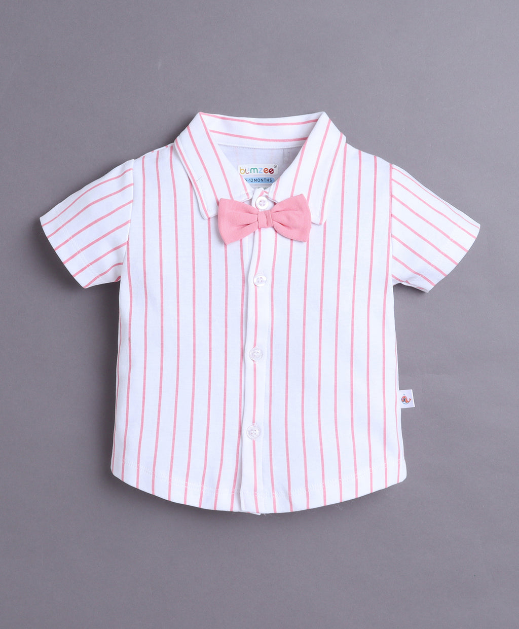 Bumzee White & Pink Striped Formal Set, Half Sleeves, 100% Cotton