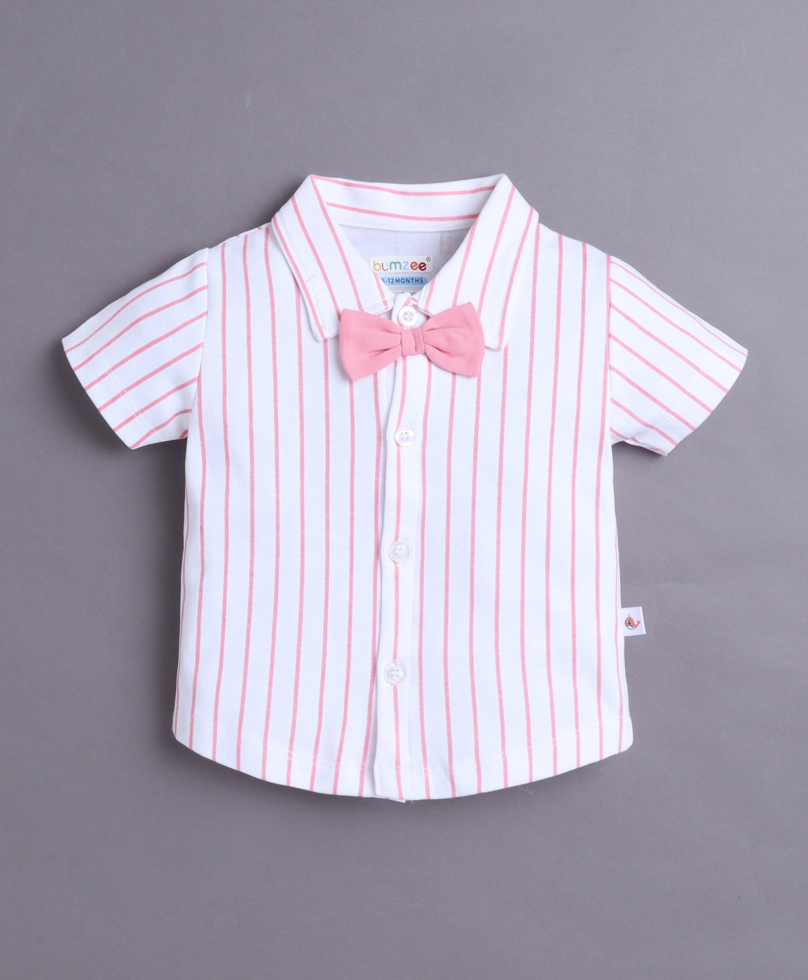 BUMZEE White & Pink Boys Half Sleeves Shirt & Short Set With Applique Bow Suspender & Cap