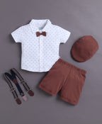 Bumzee White & Brown Graphic Print Formal Set, Half Sleeves, 100% Cotton