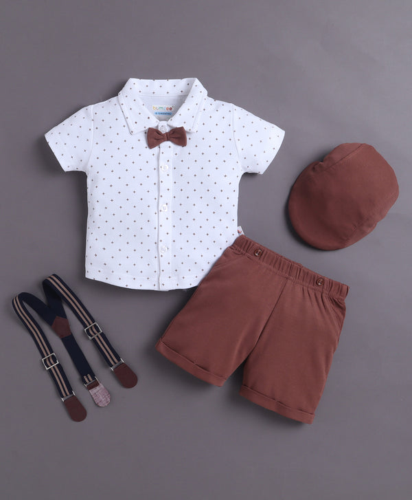 Bumzee White & Brown Graphic Print Formal Set, Half Sleeves, 100% Cotton