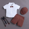 White & Brown Boys Half Sleeves Shirt & Short Set With Applique Bow Suspender & Cap