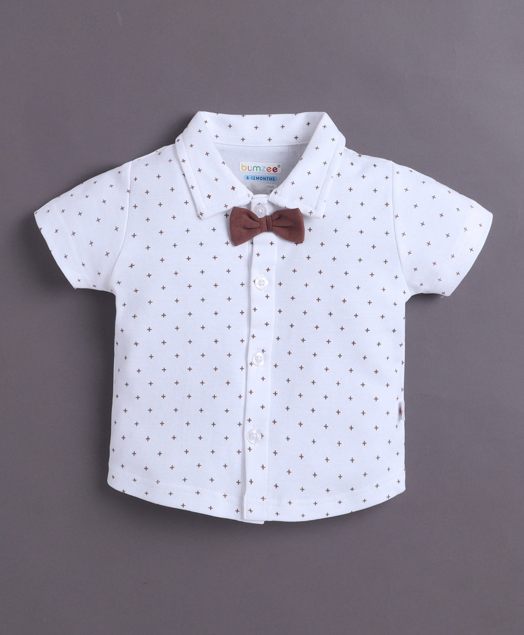 Bumzee White & Brown Graphic Print Formal Set, Half Sleeves, 100% Cotton