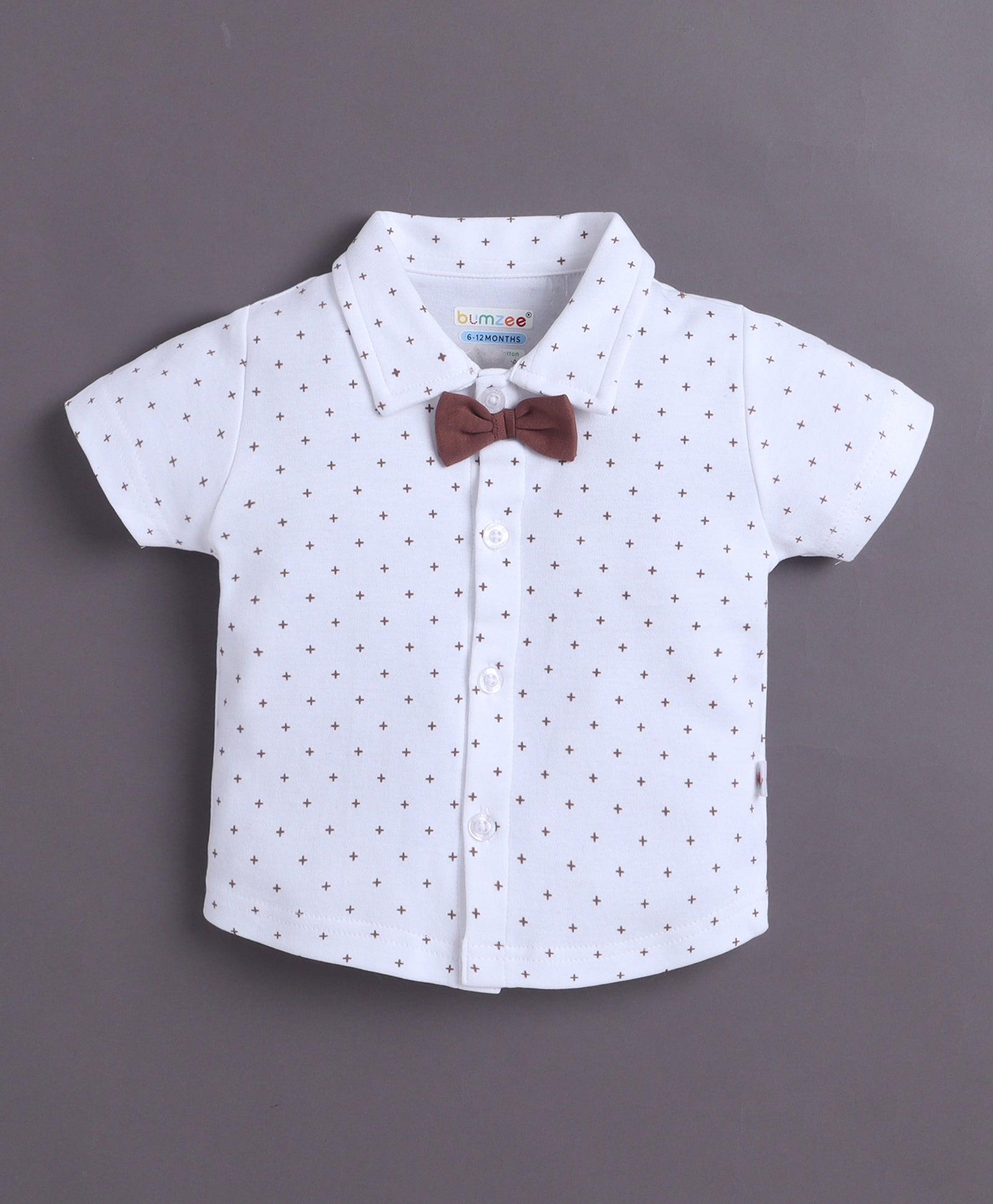 White & Brown Boys Half Sleeves Shirt & Short Set With Applique Bow Suspender & Cap