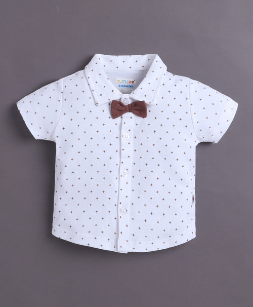 Bumzee White & Brown Graphic Print Formal Set, Half Sleeves, 100% Cotton