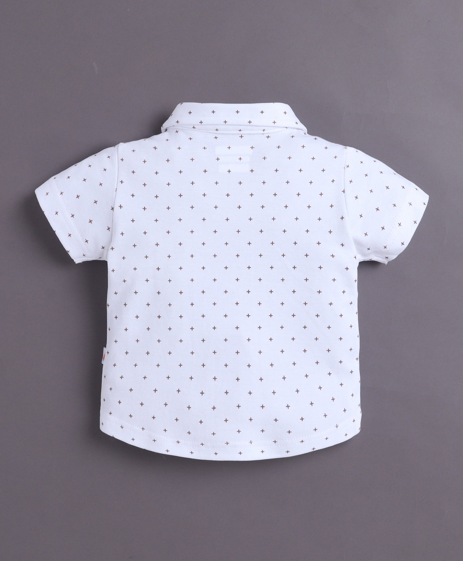 White & Brown Boys Half Sleeves Shirt & Short Set With Applique Bow Suspender & Cap