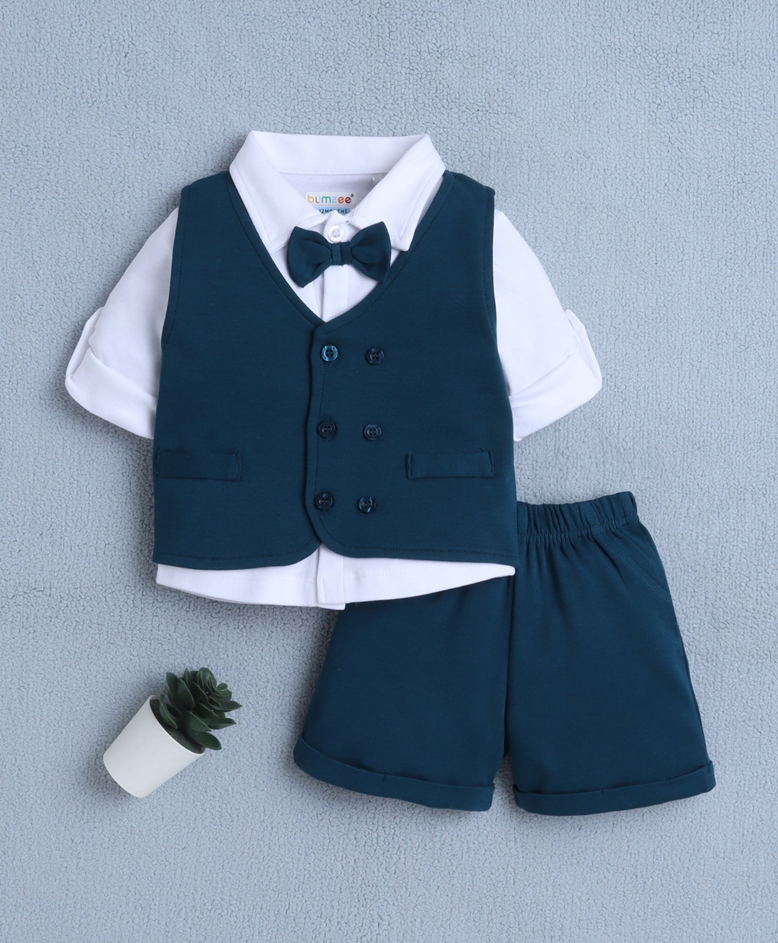 BUMZEE Teal & White Boys Full Sleeves Shirt Waistcoat & Short Set With Applique Bow