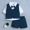 BUMZEE Teal & White Boys Full Sleeves Shirt Waistcoat & Short Set With Applique Bow