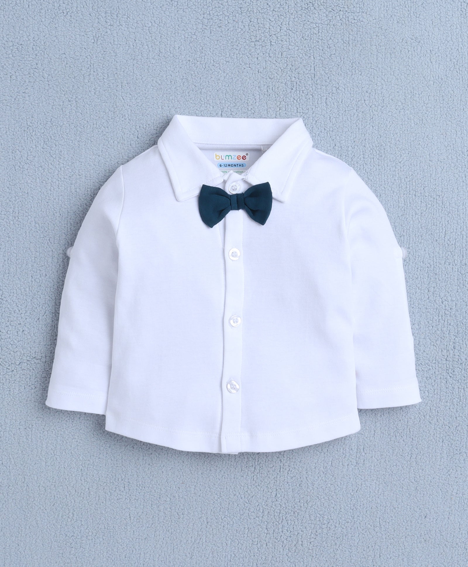 BUMZEE Teal & White Boys Full Sleeves Shirt Waistcoat & Short Set With Applique Bow