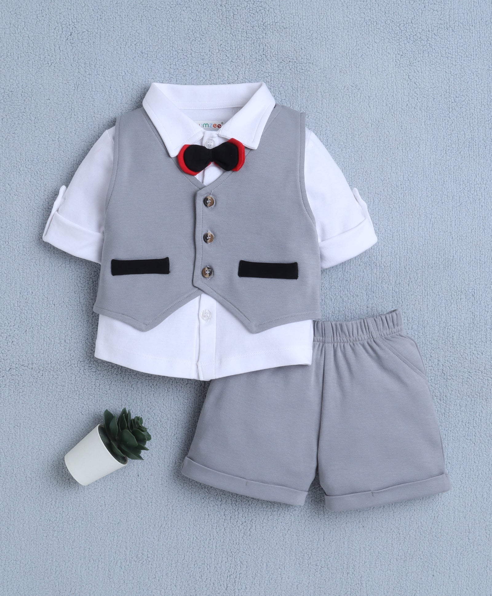 BUMZEE Grey & White Boys Full Sleeves Shirt Waistcoat & Short Set With Applique Bow