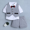 BUMZEE Grey & White Boys Full Sleeves Shirt Waistcoat & Short Set With Applique Bow