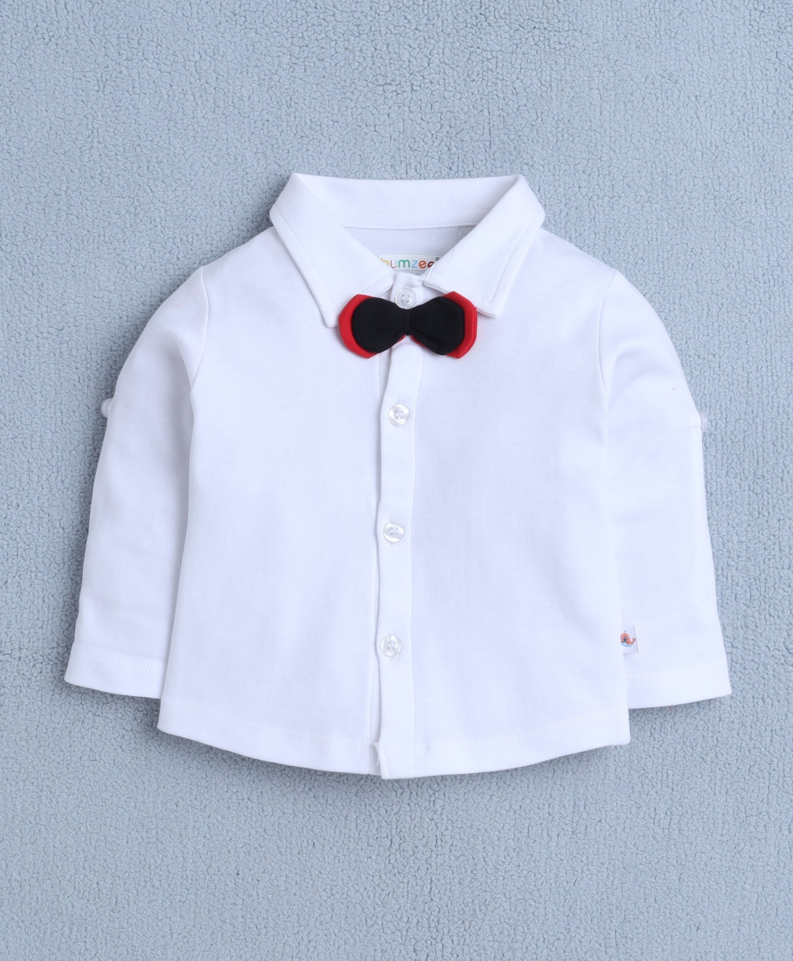 BUMZEE Grey & White Boys Full Sleeves Shirt Waistcoat & Short Set With Applique Bow