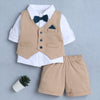 BUMZEE Beige & White Boys Full Sleeves Shirt Waistcoat & Short Set With Applique Bow