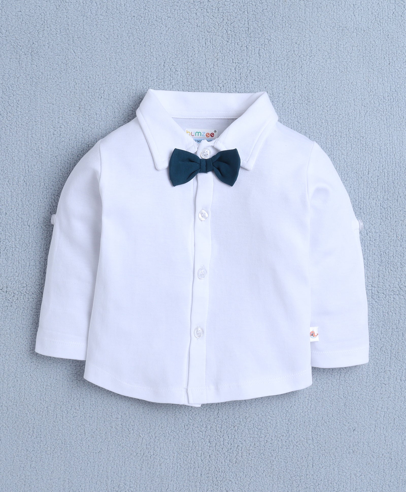 BUMZEE Beige & White Boys Full Sleeves Shirt Waistcoat & Short Set With Applique Bow