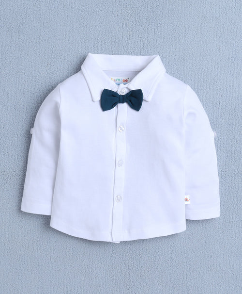 BUMZEE Beige & White Boys Full Sleeves Shirt Waistcoat & Short Set With Applique Bow